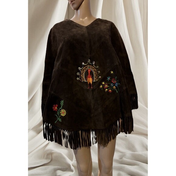 Express Jackets & Blazers - VTG 70s Express Cape poncho Suede Leather Fringe Western embroidered peacock